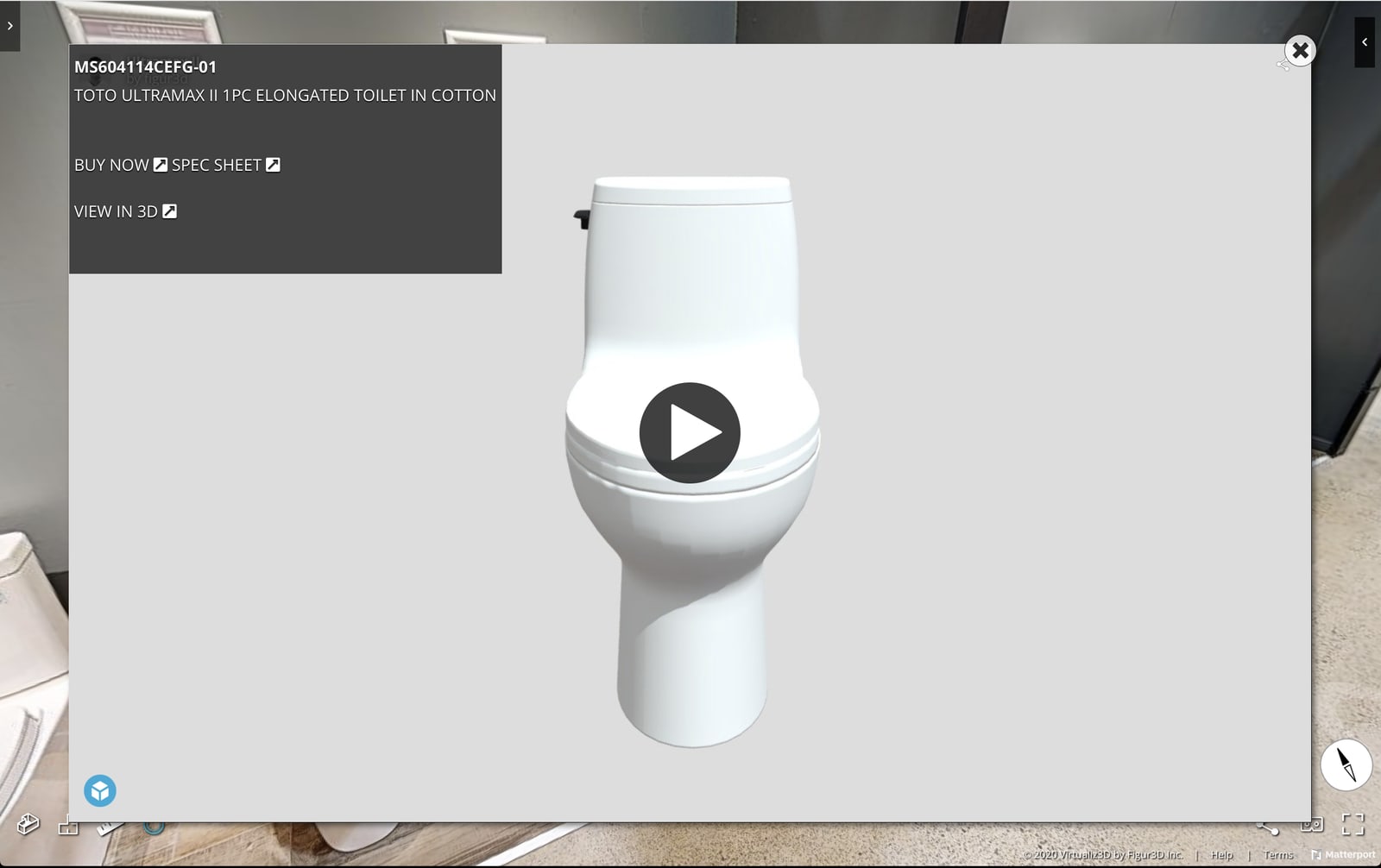 A billboard tag in action — a full media window opening inside the tour itself, showing a 3D product preview with a play overlay and the product info panel pinned to the corner