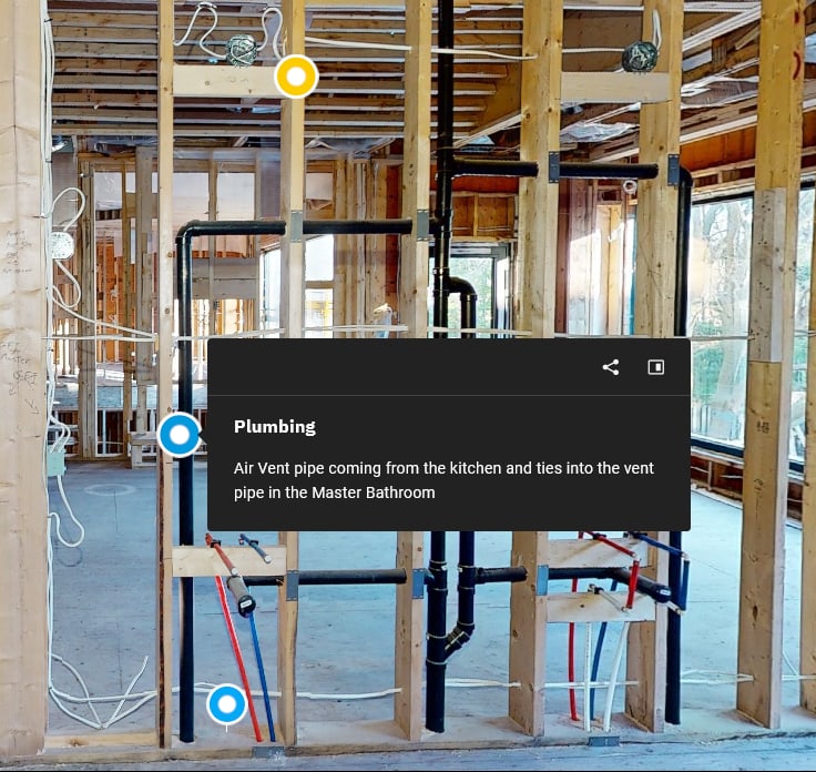 A plumbing tag in a Virtualiz3D construction scan — anchored to a rough-in pipe with a short note identifying the air-vent route from kitchen to master bath