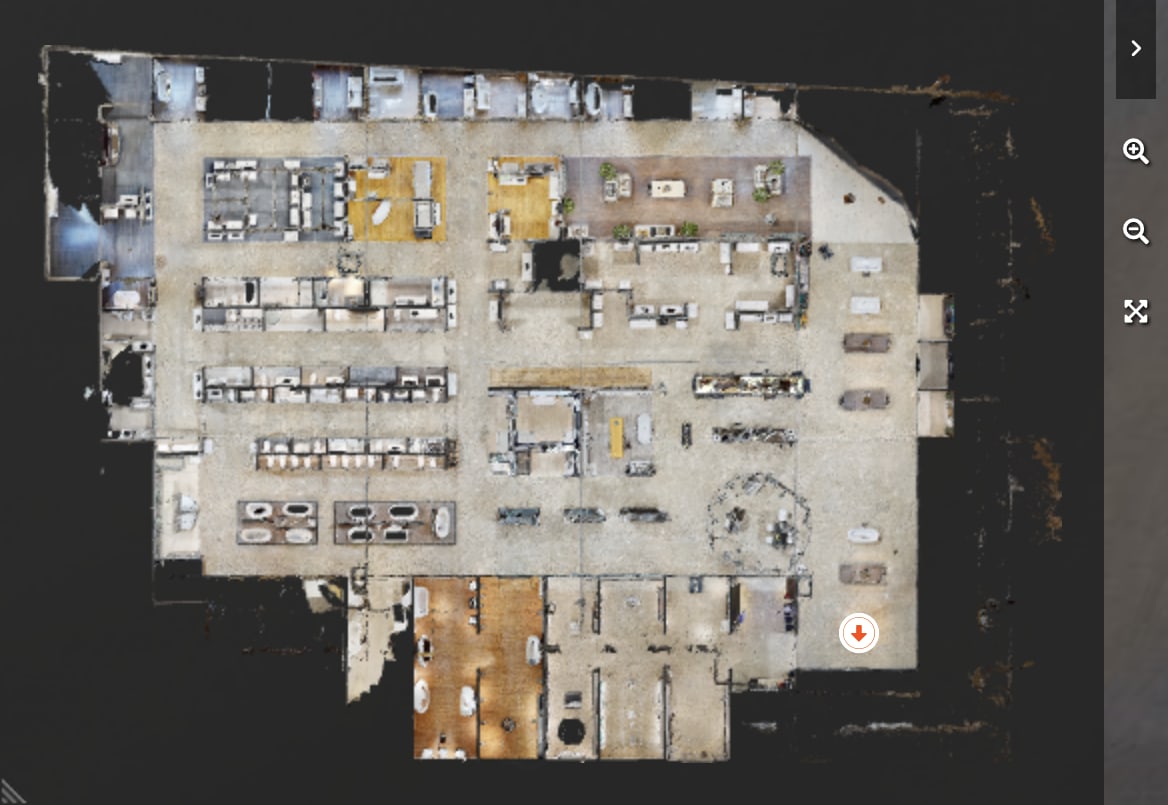 Top-down floor plan view inside a Virtualiz3D scan — overhead layout of the entire space with an orange marker showing the visitor's position and viewing direction