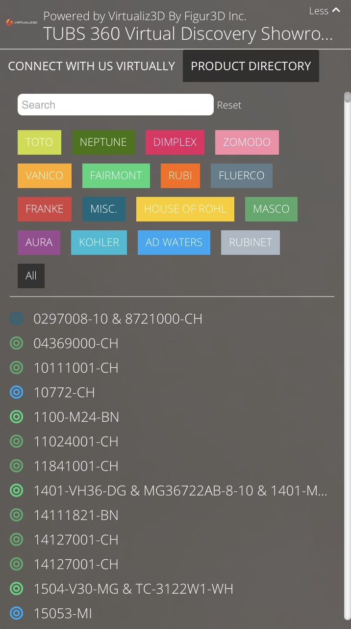The TUBS product directory close-up — coloured brand chips for TOTO, Neptune, Dimplex, Zomodo, Vanico, Fairmont, Rubi and others, with a search bar and SKU list