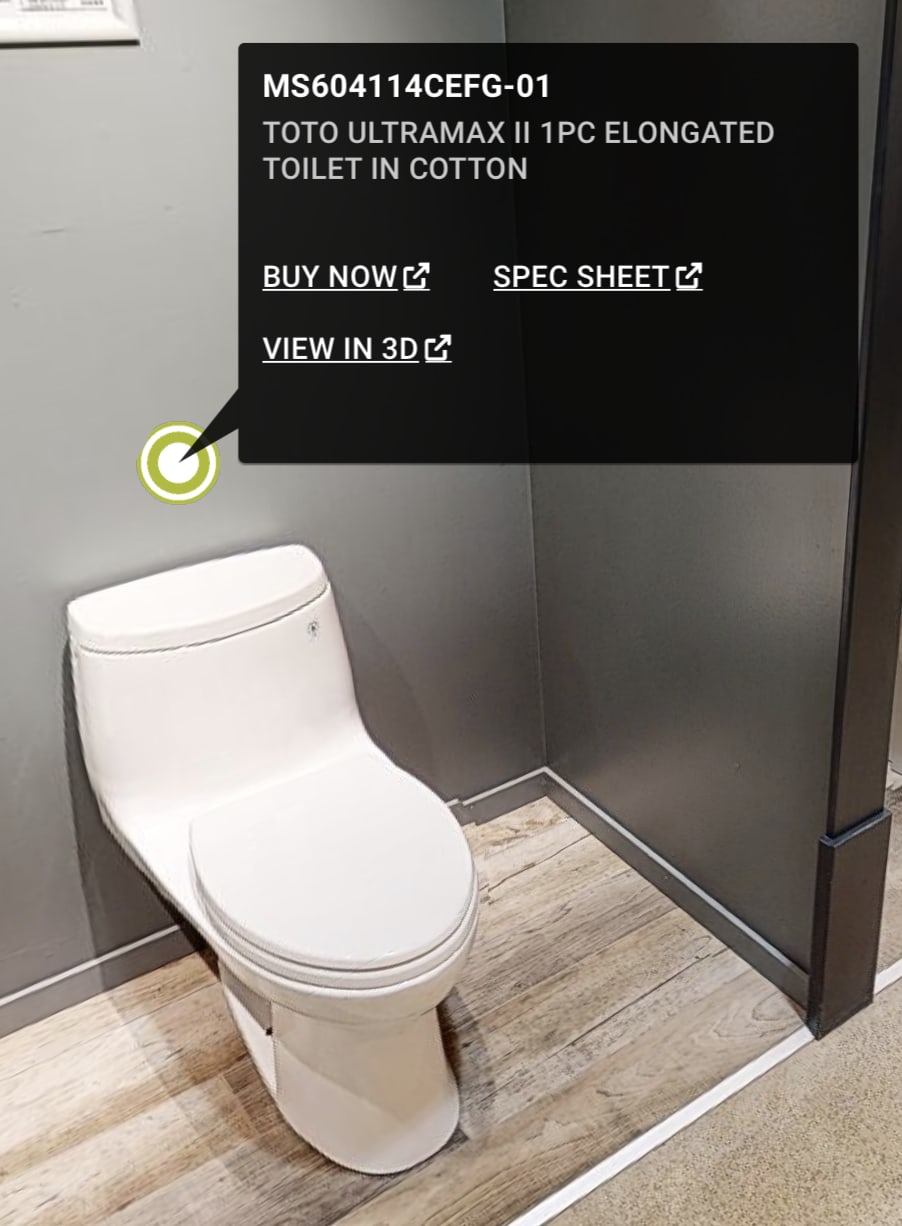 Close-up of a TOTO product tag in the TUBS virtual showroom — product code, name, and links for Buy Now, Spec Sheet, and View in 3D