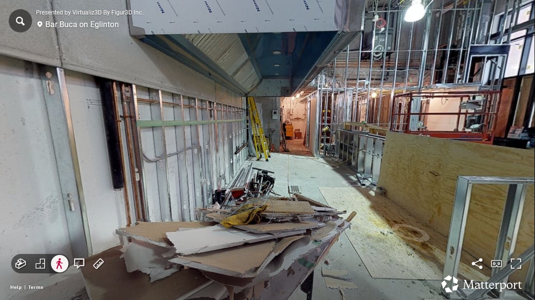 Bar Buca kitchen in the first progress scan — rough mechanical layout visible