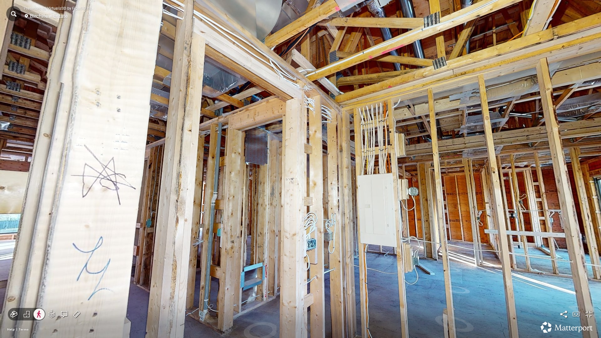 A second pre-drywall view of the Birchview Estate — wider framing perspective with HVAC and plumbing rough-in visible across two adjacent rooms