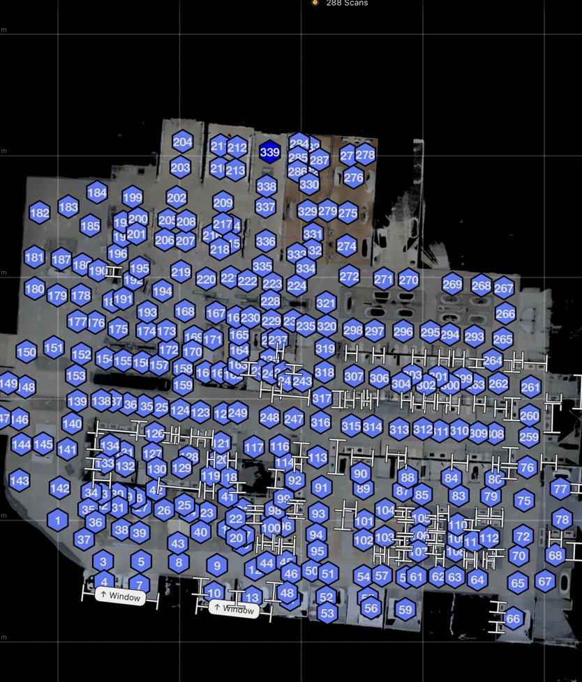 Bird's-eye view of the TUBS Virtual Showroom showing all 288 scan positions across the 30,000 sq ft floor as blue dots — dense coverage through every brand display, fixture, and aisle